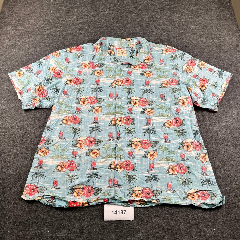 Red Head Hawaiian Shirt Mens 3XL Blue Multi Palm Tree Floral Tropical Button Up
